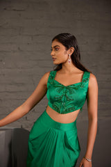 Emarald Green Cape With Asymmetric Drape Skirt And Waistcoat Set