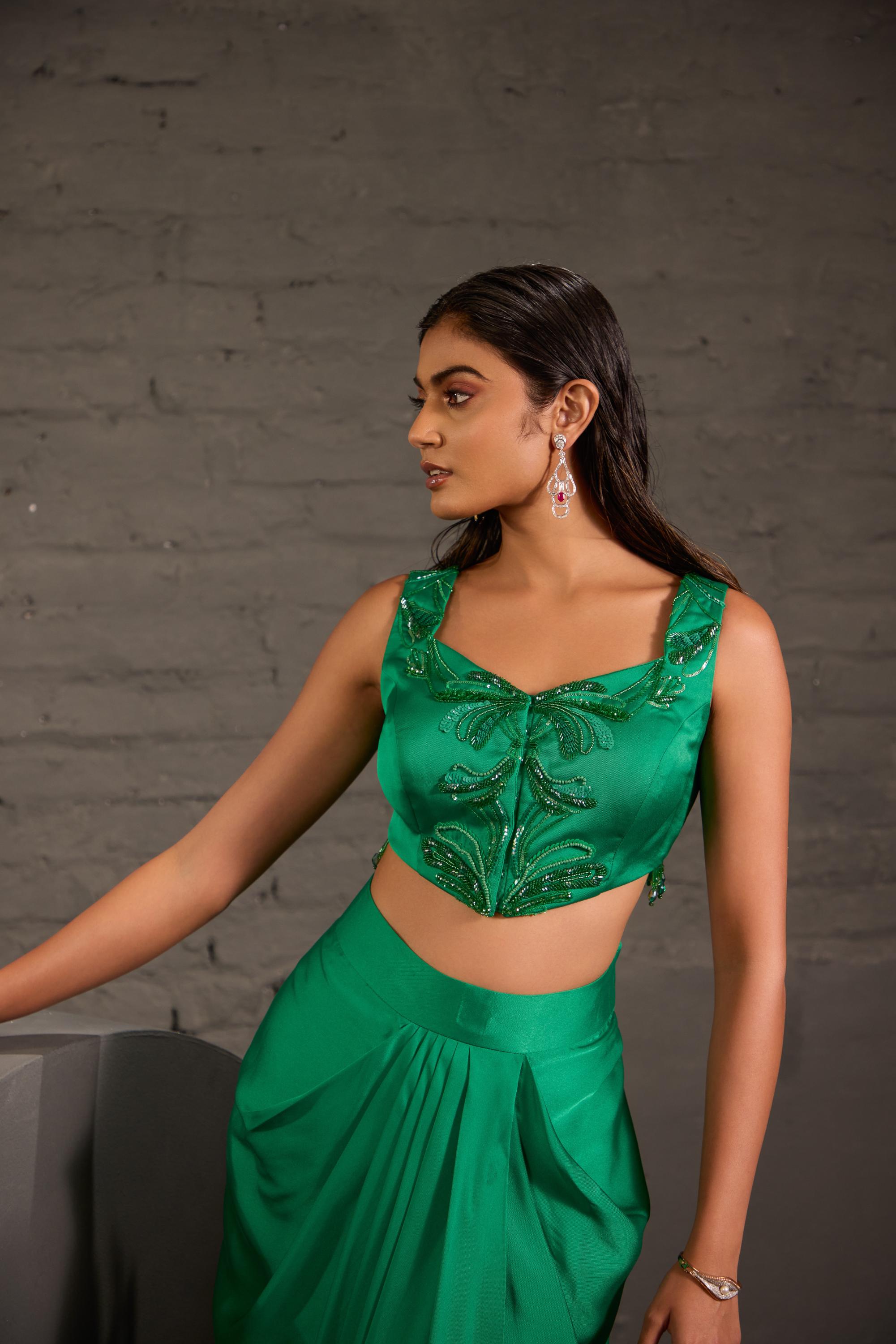 Emarald Green Cape With Asymmetric Drape Skirt And Waistcoat Set