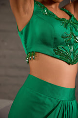 Emarald Green Cape With Asymmetric Drape Skirt And Waistcoat Set
