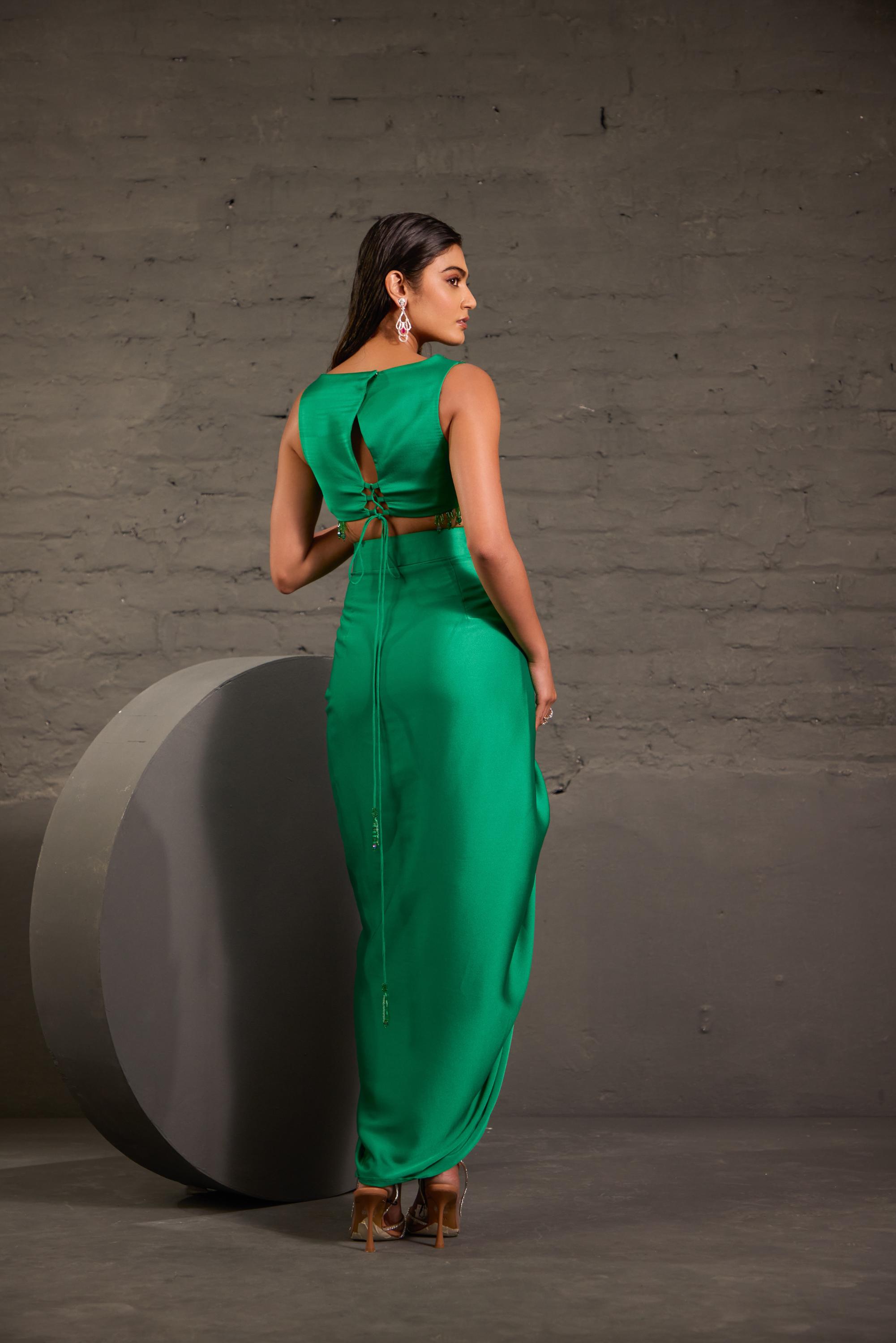 Emarald Green Drape Skirt And Waistcoat Set