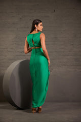 Emarald Green Cape With Asymmetric Drape Skirt And Waistcoat Set