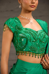 Emerald Green Embroidered Border Drape Saree Set