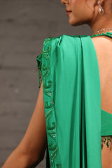 Emerald Green Embroidered Border Drape Saree Set