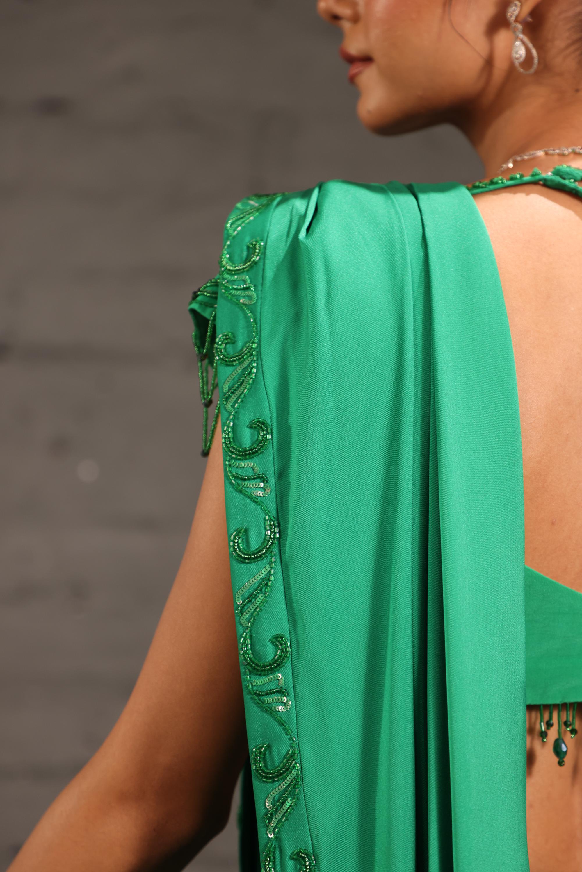 Emerald Green Embroidered Border Drape Saree Set