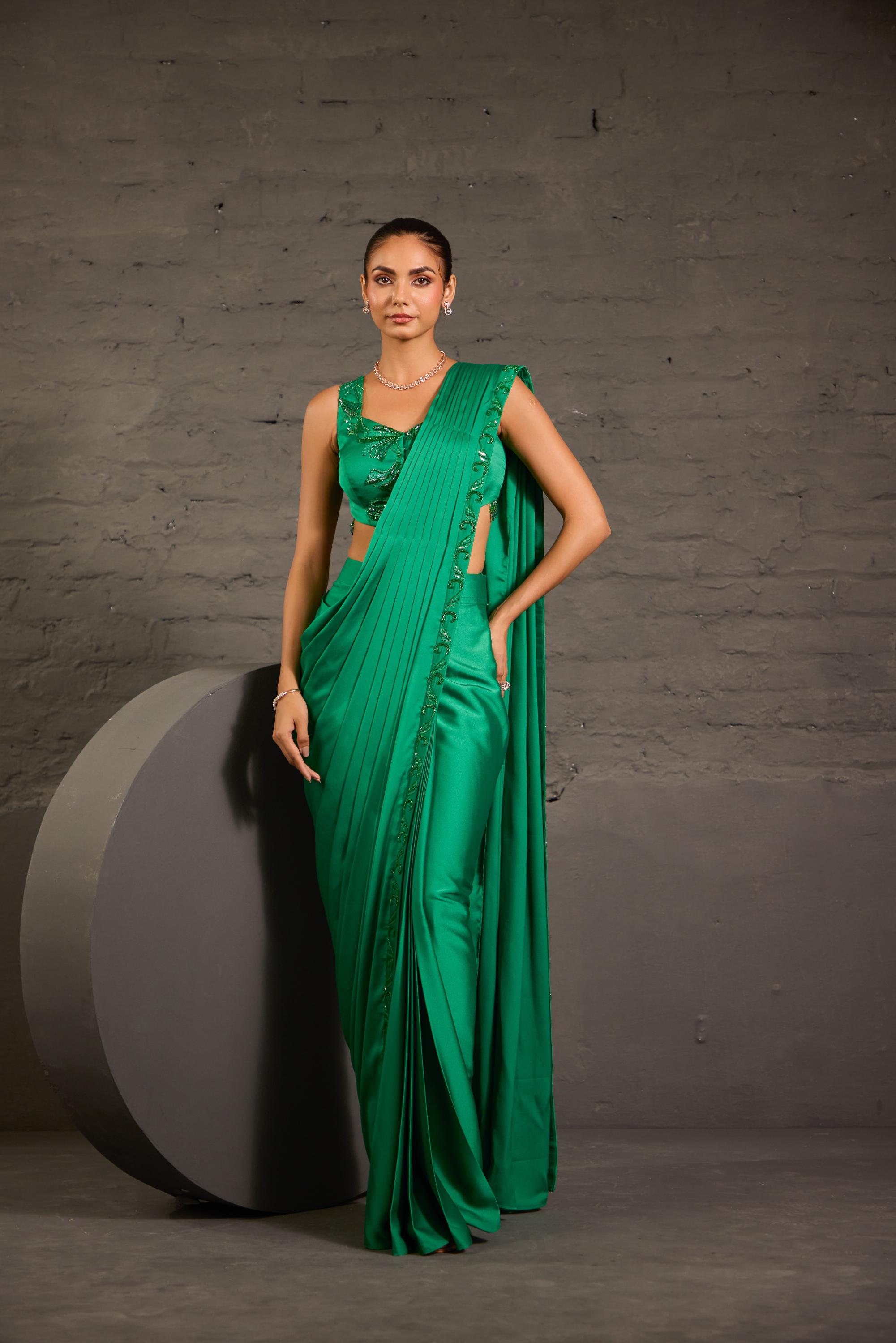 Emerald Green Waistcoat & Drape Saree
