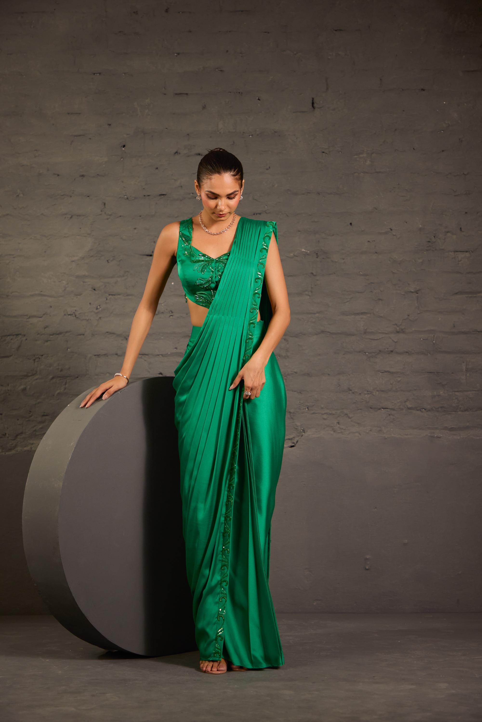 Emerald Green Waistcoat & Drape Saree