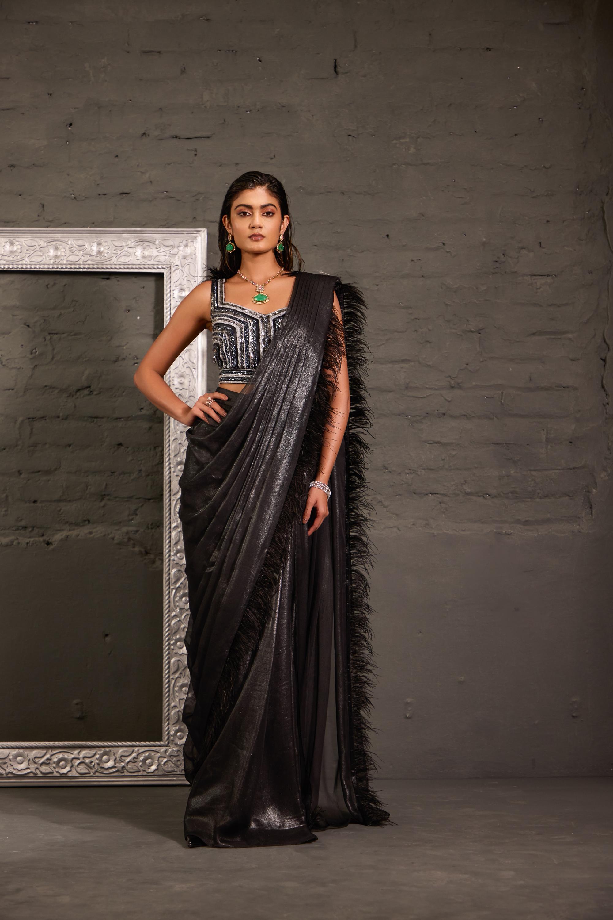 Black Hand Embroidred Blouse With Feather Palla Drape Saree