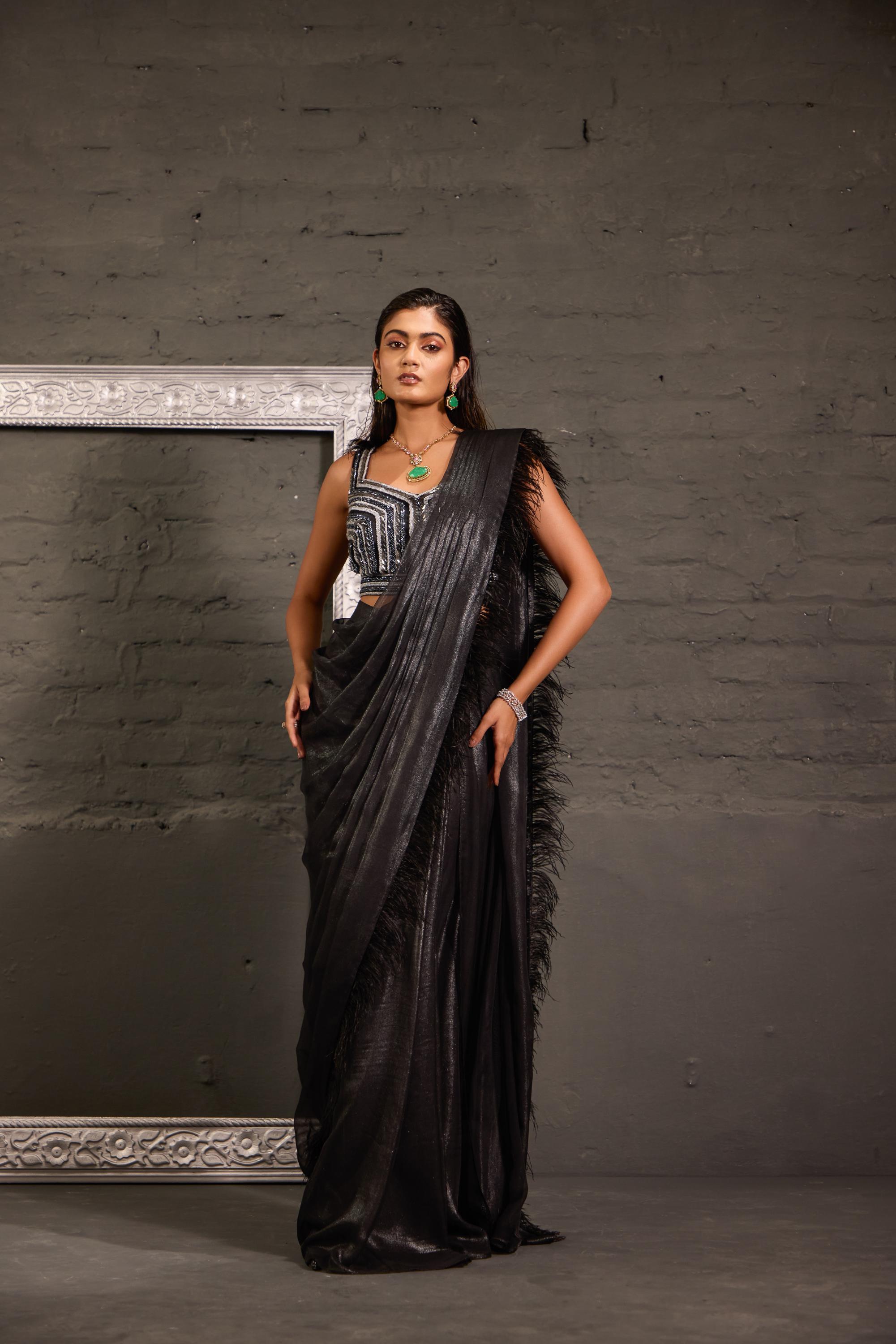 Black Hand Embroidred Blouse With Feather Palla Drape Saree