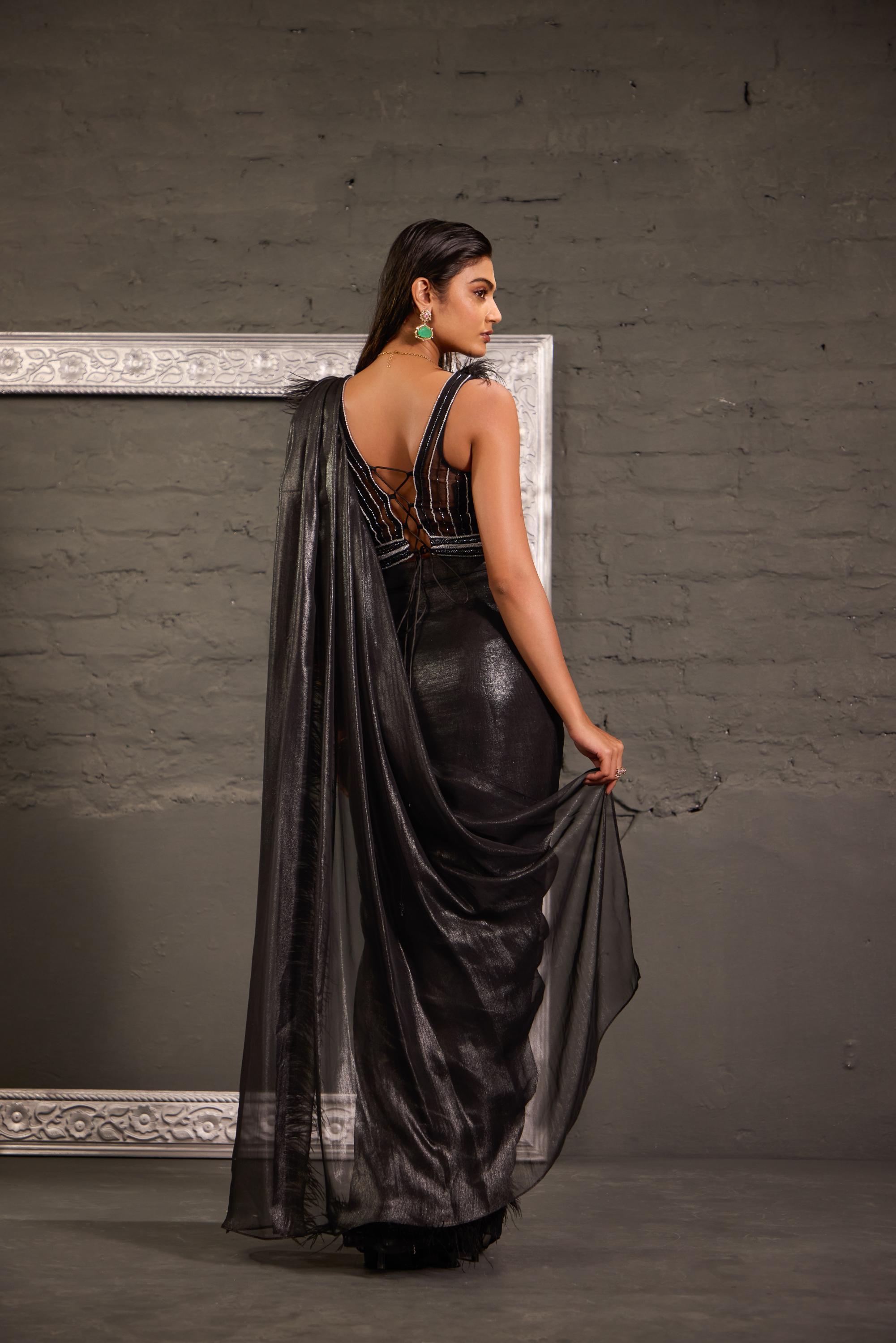 Black Hand Embroidred Blouse With Feather Palla Drape Saree