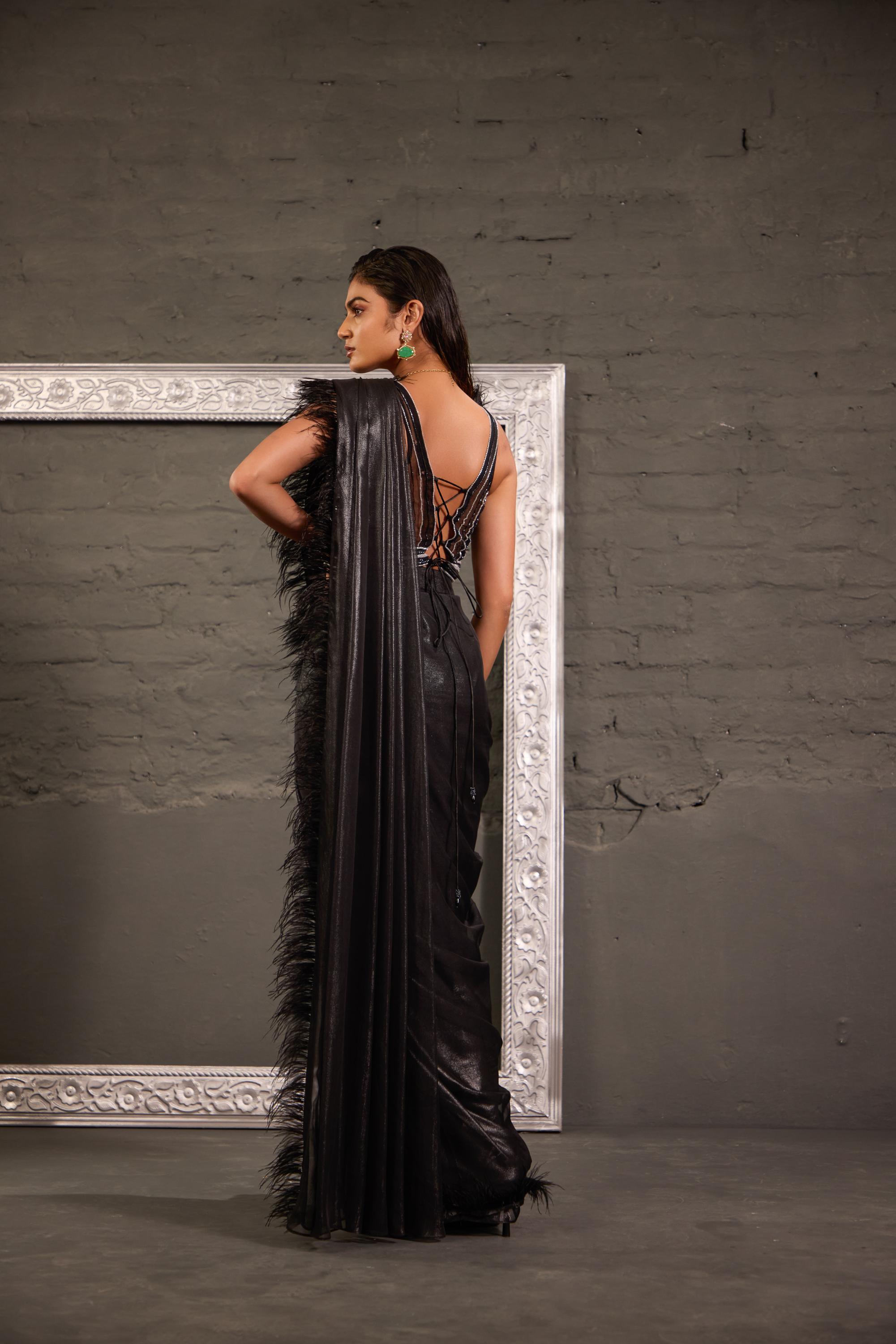 Black Hand Embroidred Blouse With Feather Palla Drape Saree