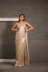 Champagnee Hand Embroidered  Blouse With Drape Saree