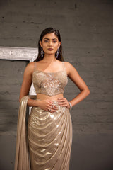 Champagnee Hand Embroidered  Blouse With Drape Saree