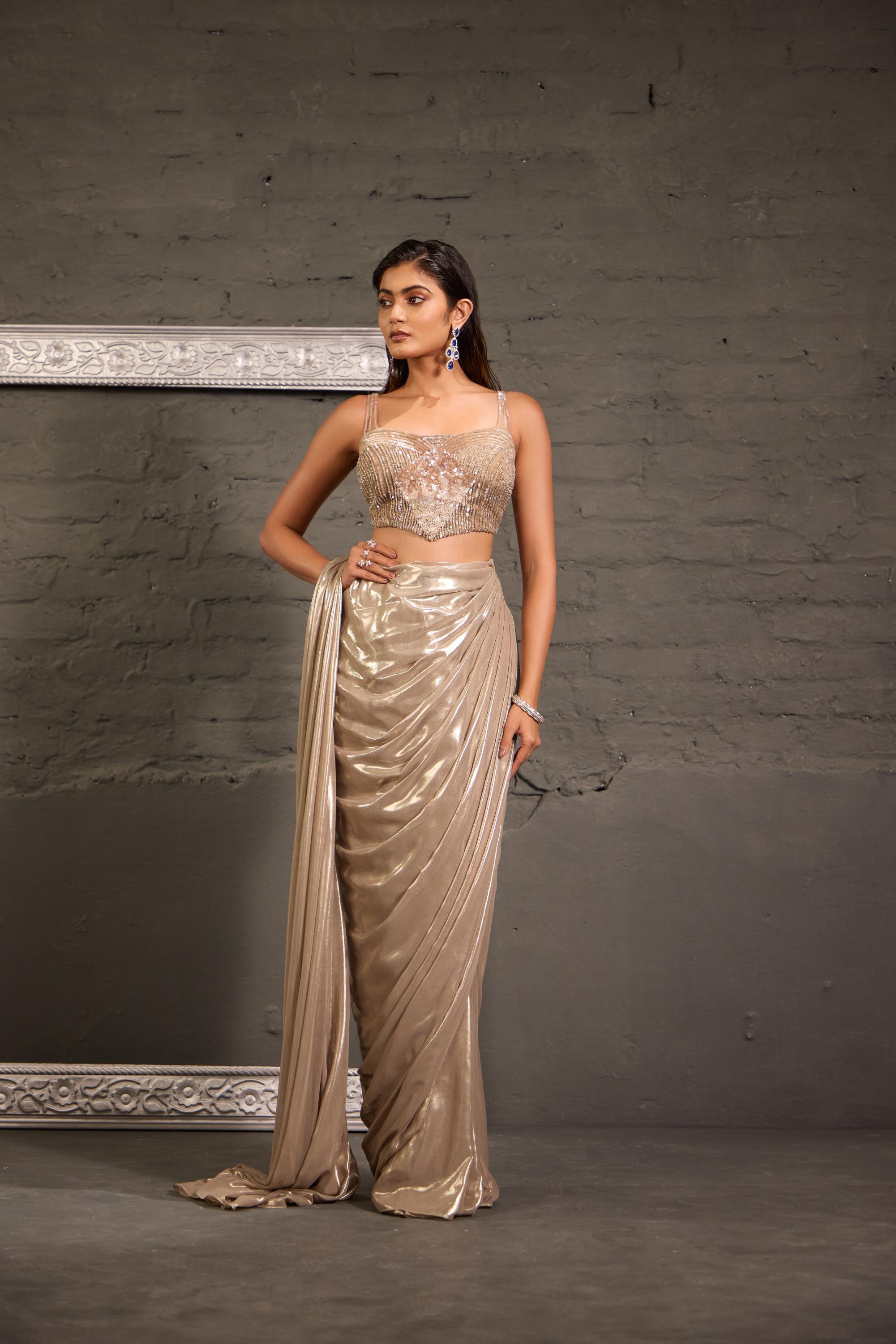 Champagnee Hand Embroidered  Blouse With Drape Saree