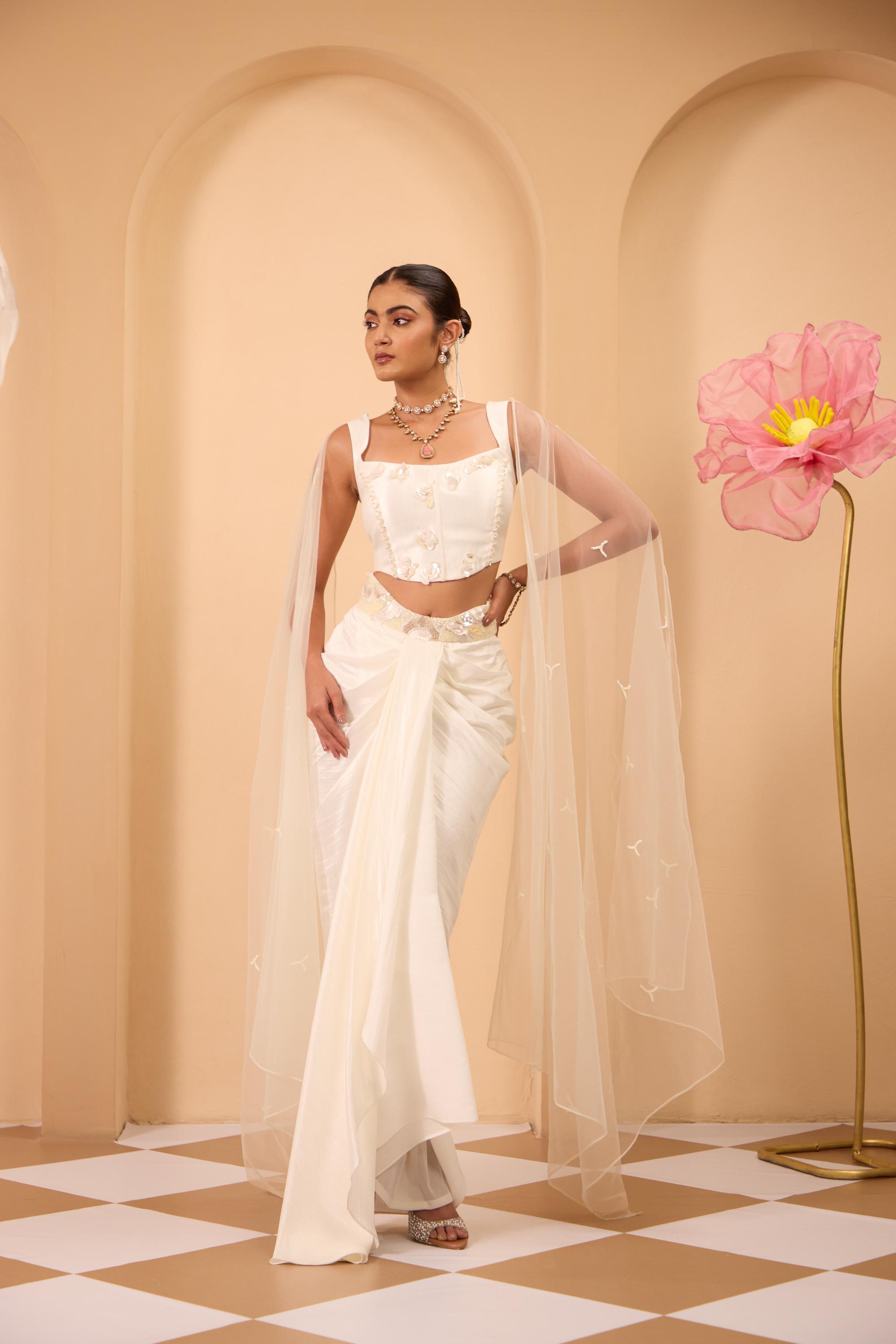 Ivory Hand Embroidered Corset Blouse and Drape Skirt with Dupatta