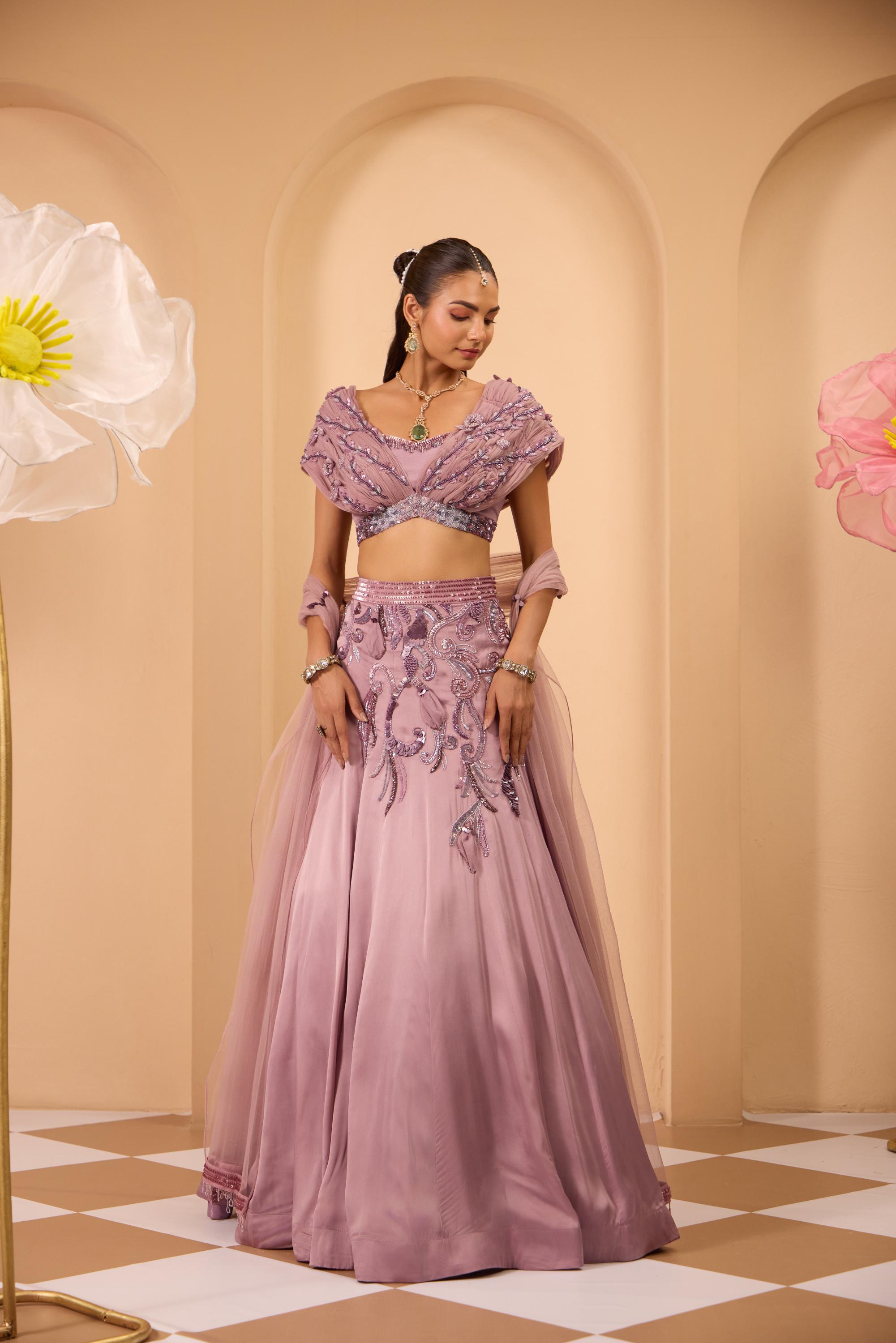 Hand Embroidred Rushed Blouse with Lehenga & Dupatta