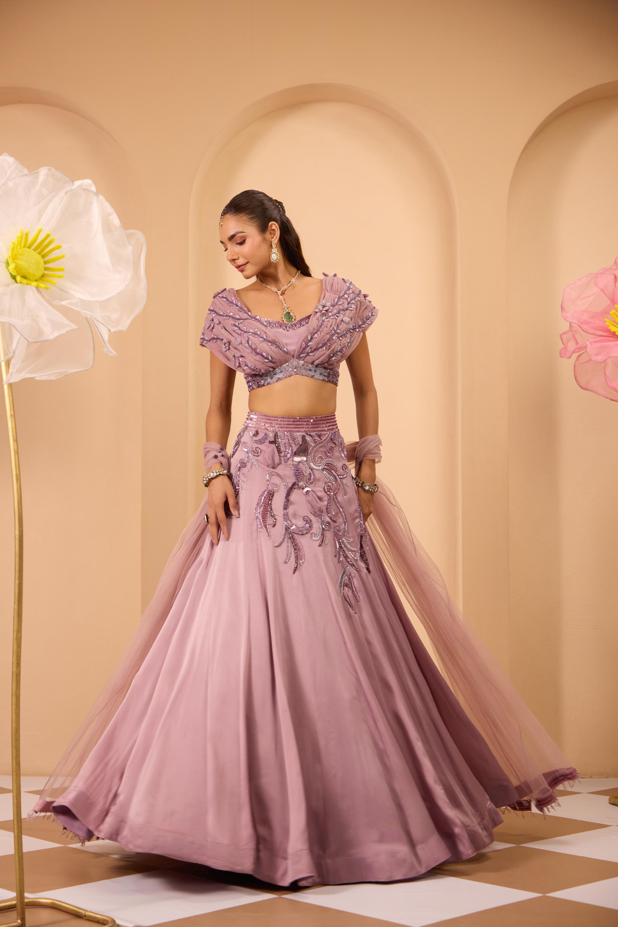 Hand Embroidred Rushed Blouse with Lehenga & Dupatta