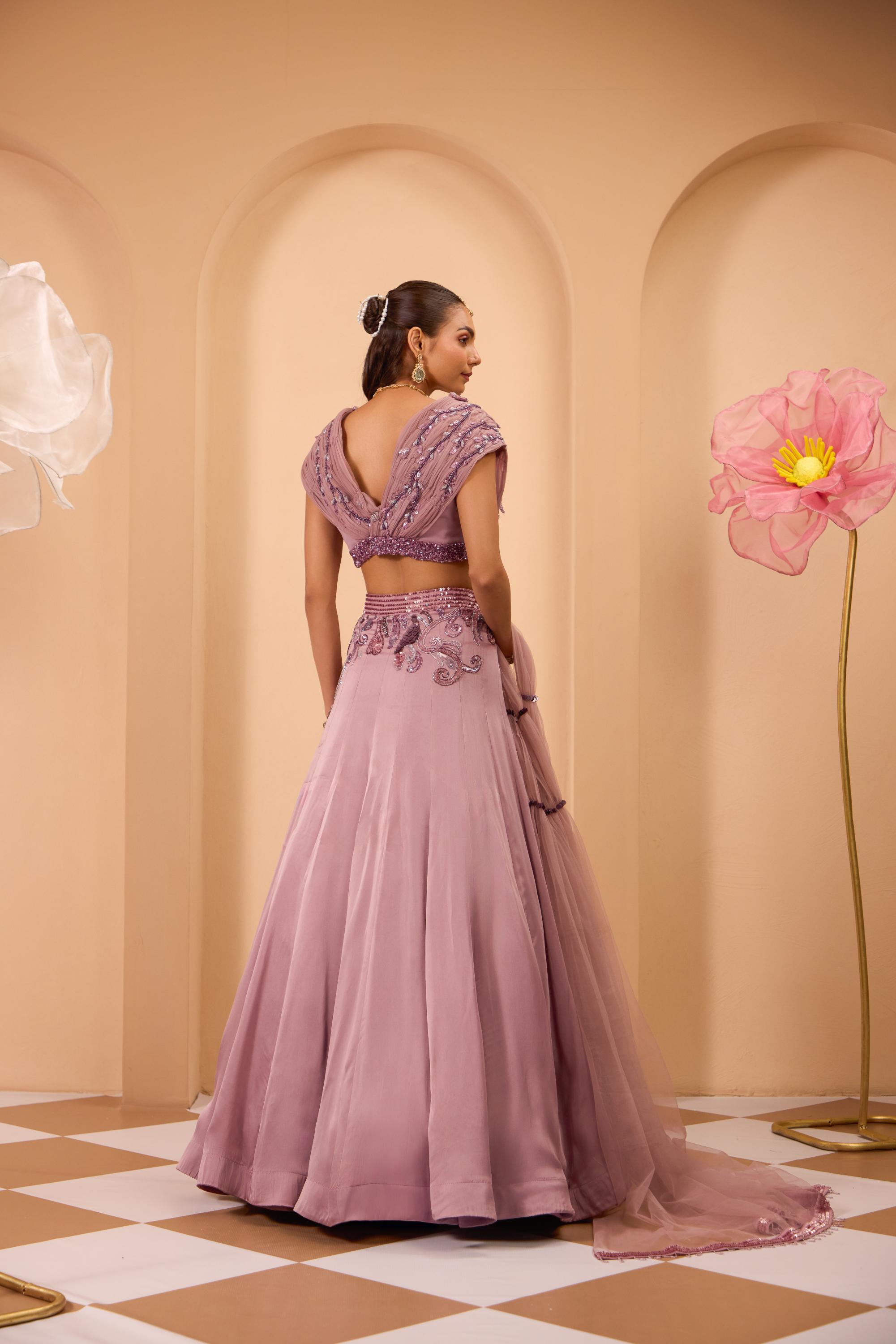 Hand Embroidred Rushed Blouse with Lehenga & Dupatta
