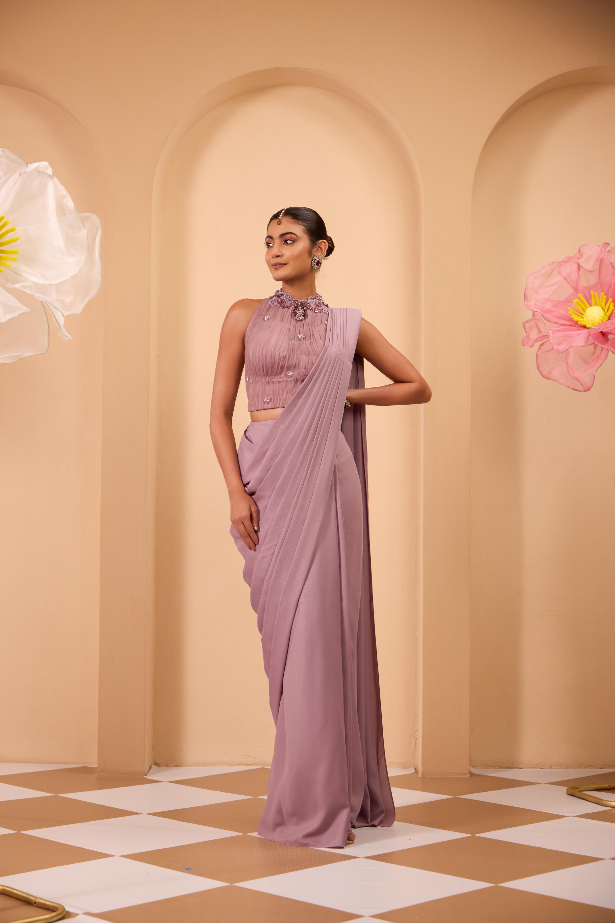 Purple Drape Saree with Hand Crafted Blouse