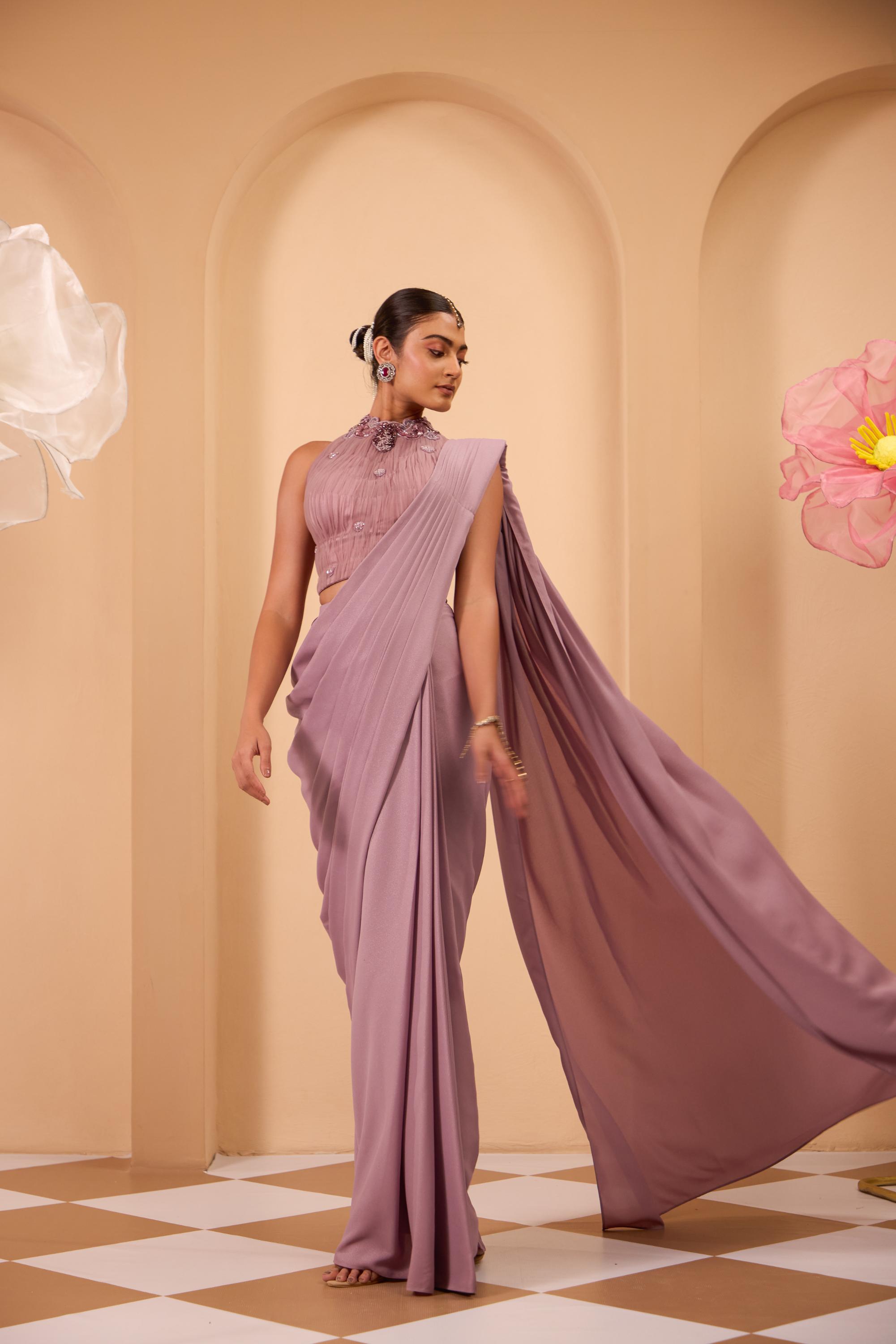 Purple Drape Saree with Hand Crafted Blouse