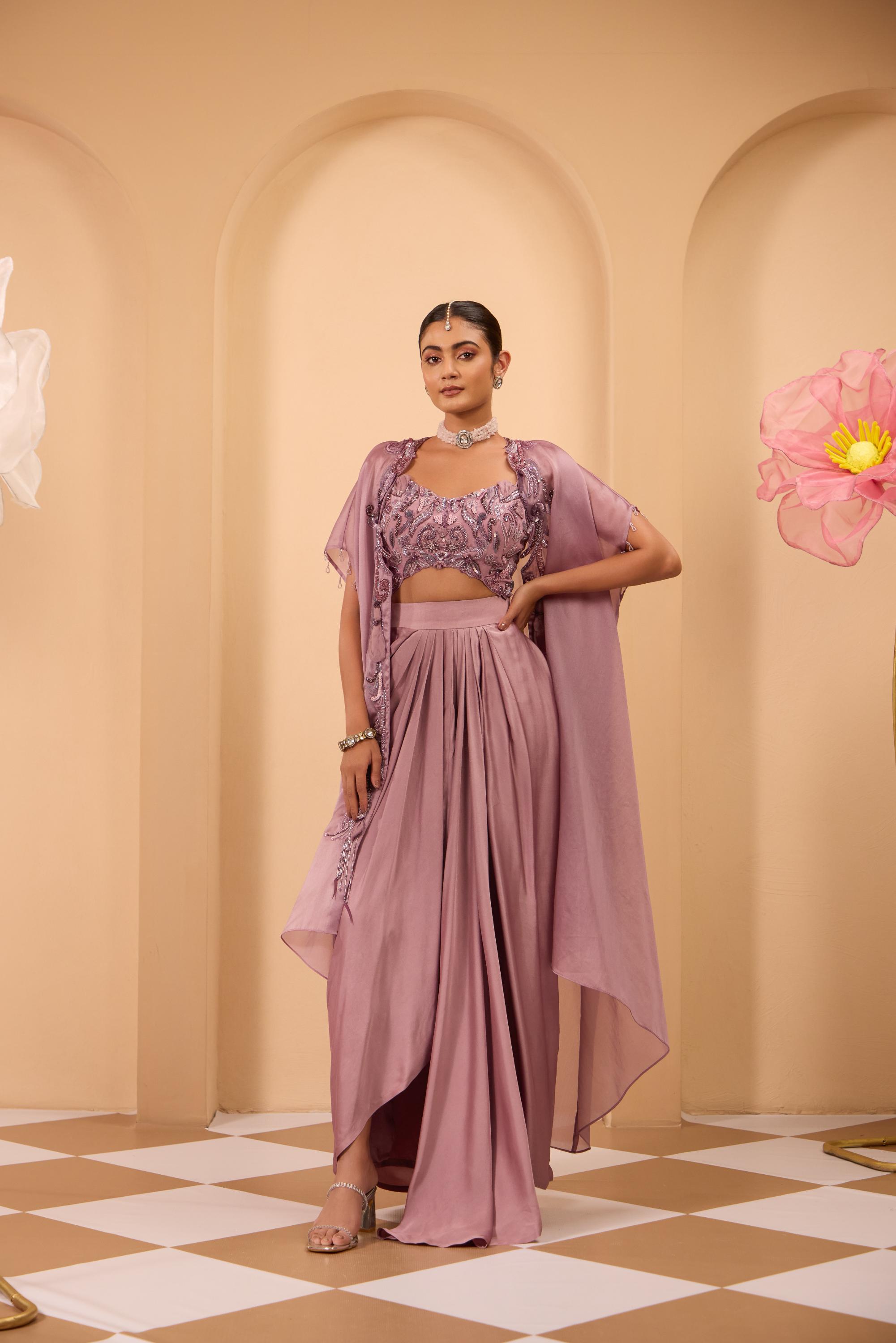 Purple Drape Skirt with Hand Embroidered Cape & Blouse