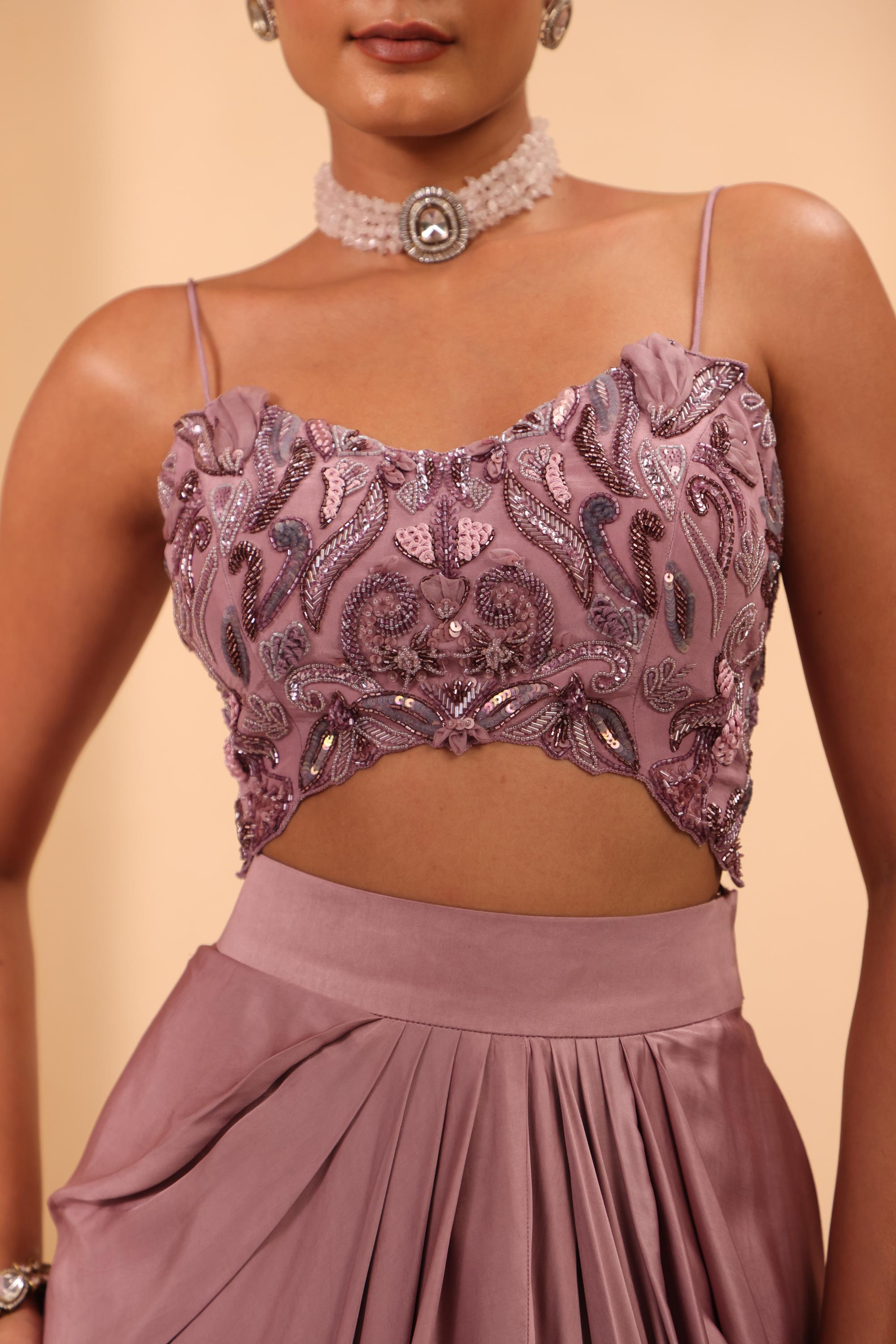Purple Drape Skirt with Hand Embroidered Cape & Blouse