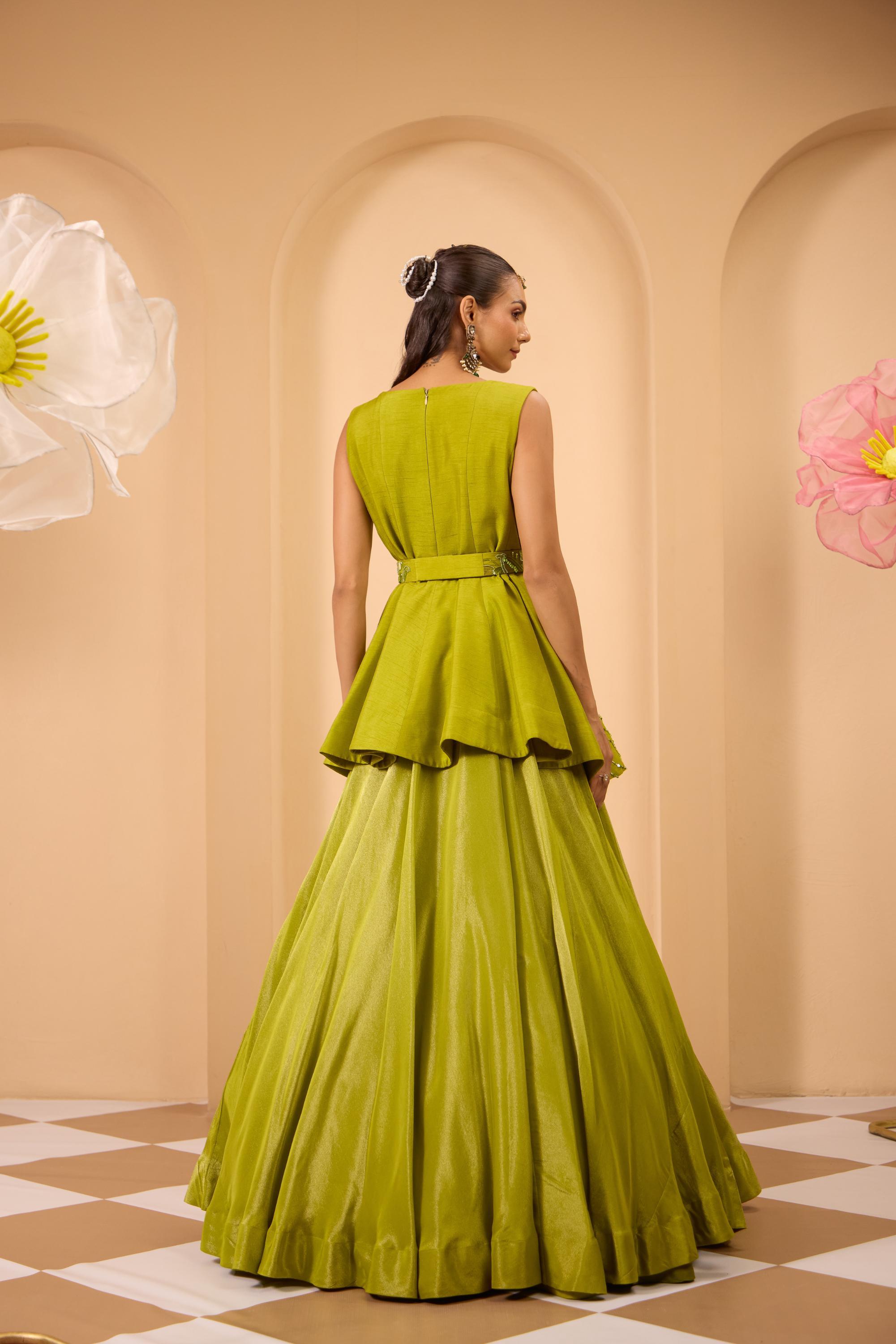 Green Hand Embroidered Peplum W/Lehenga & Dupatta