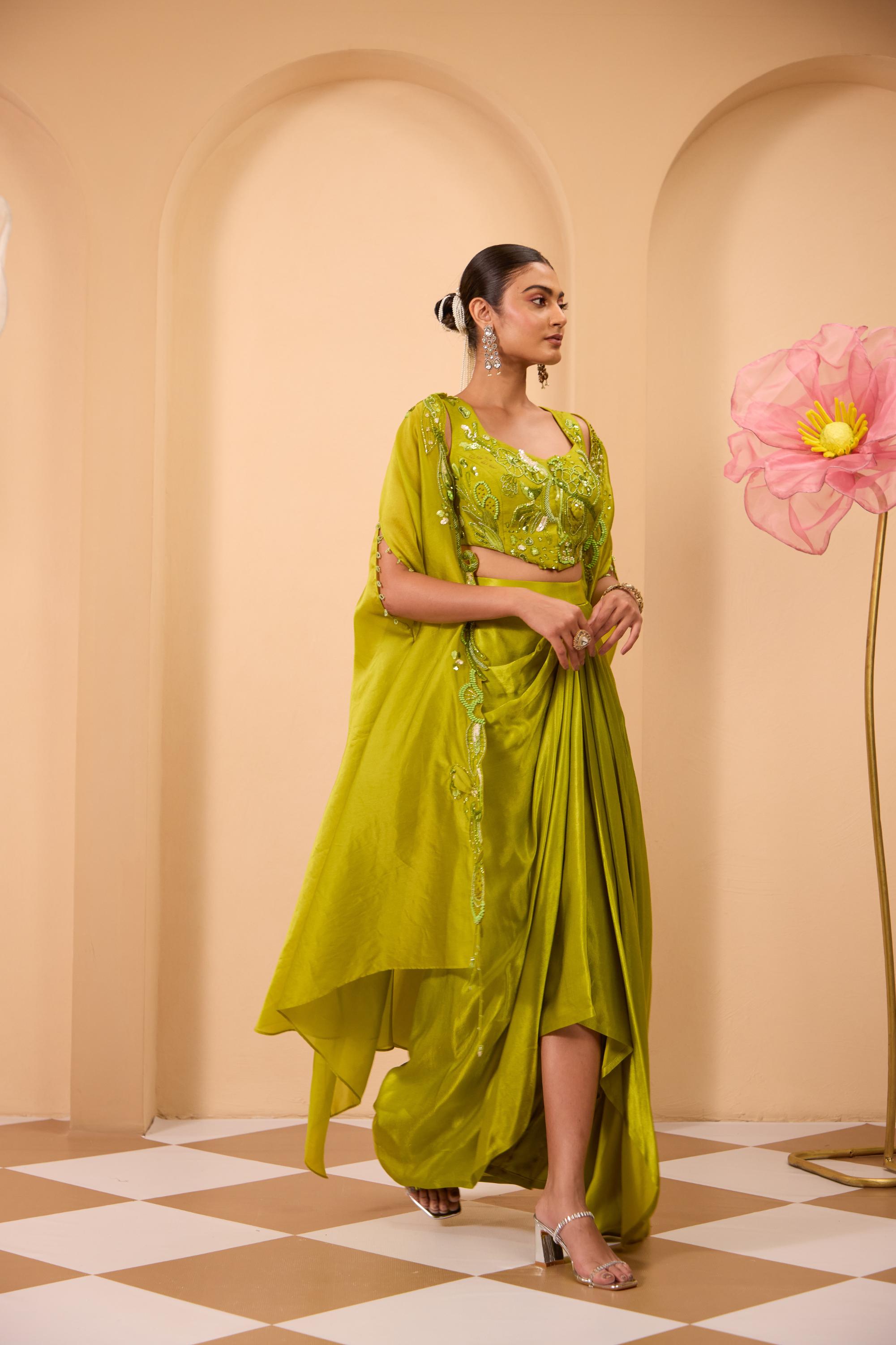 Hand Embroidered Waistcoat with Drape Sareee & Cape