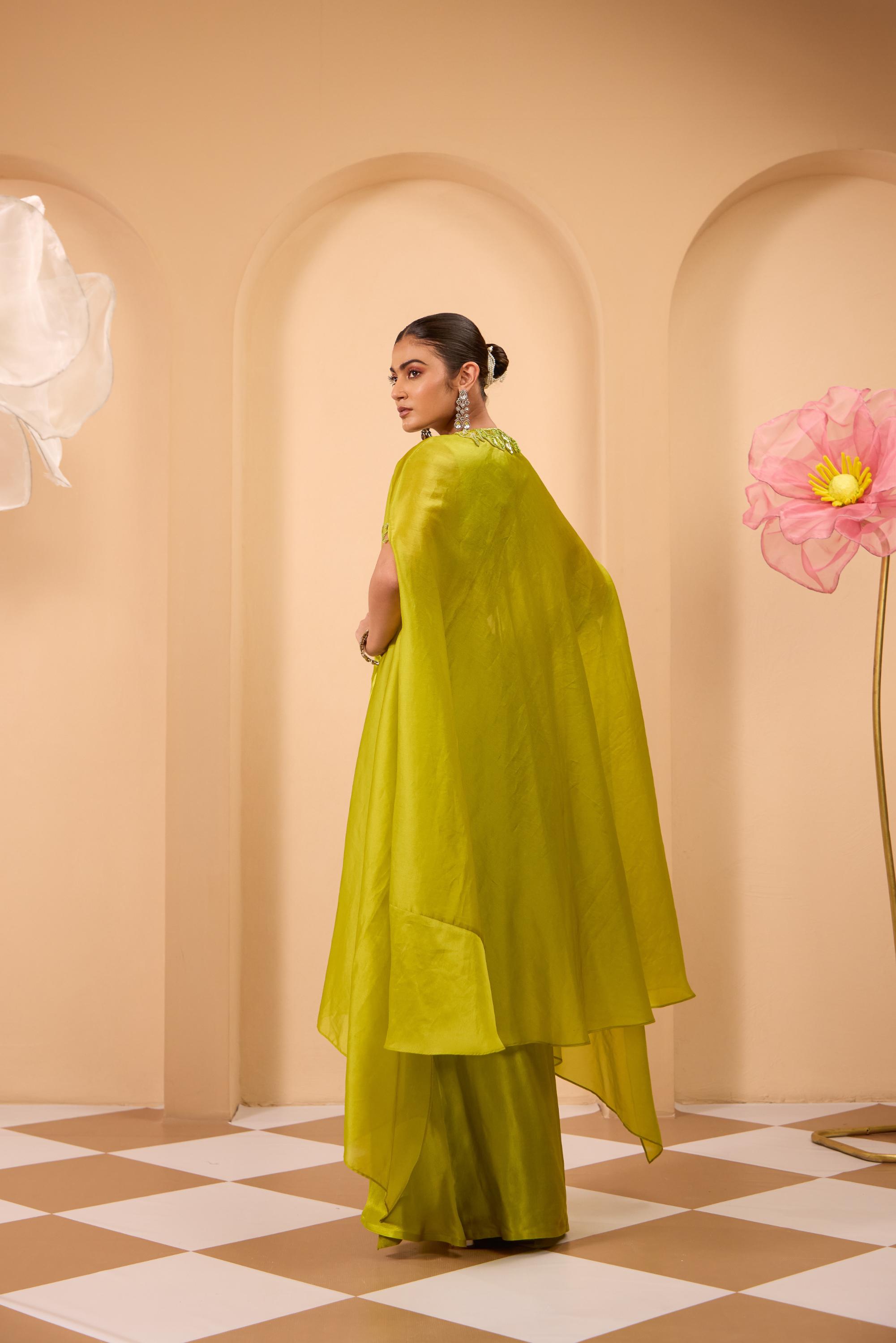 Hand Embroidered Waistcoat with Drape Sareee & Cape