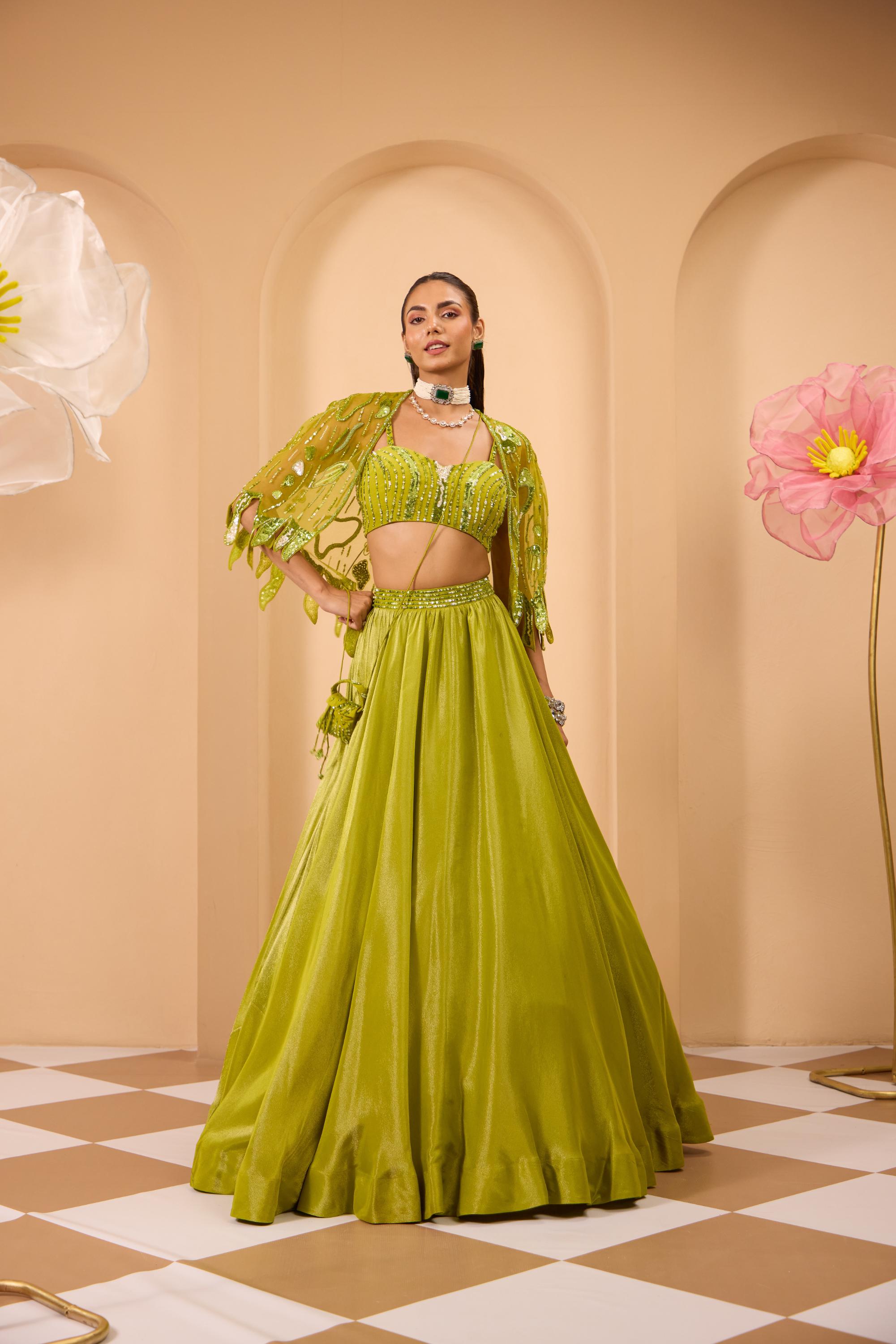 Green Hand Embroidered Blouse W/Lehenga & Dupatta