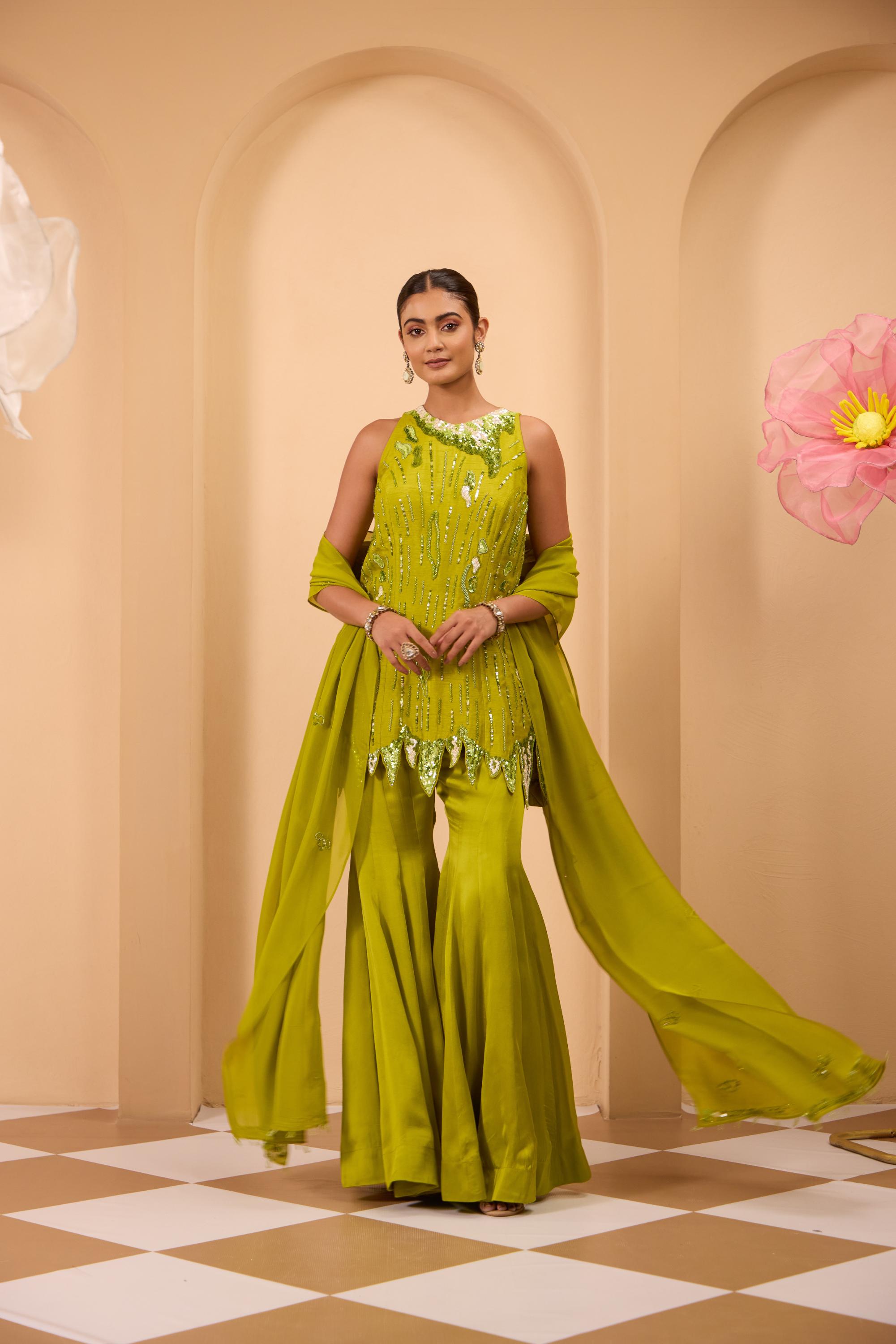 Green Heavy Embroidered Tunic with Sharara & Flowy Dupatta