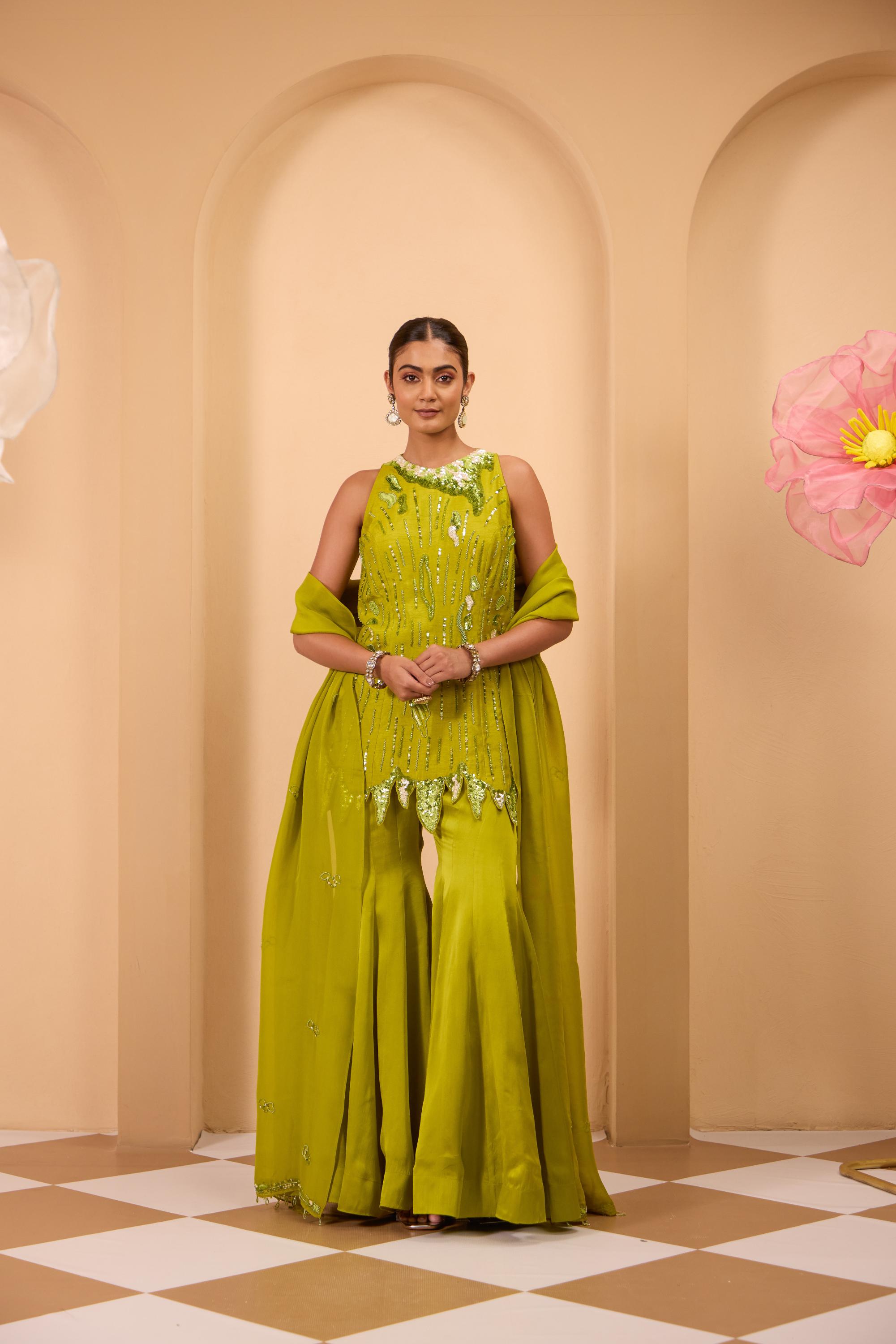 Green Heavy Embroidered Tunic with Sharara & Flowy Dupatta