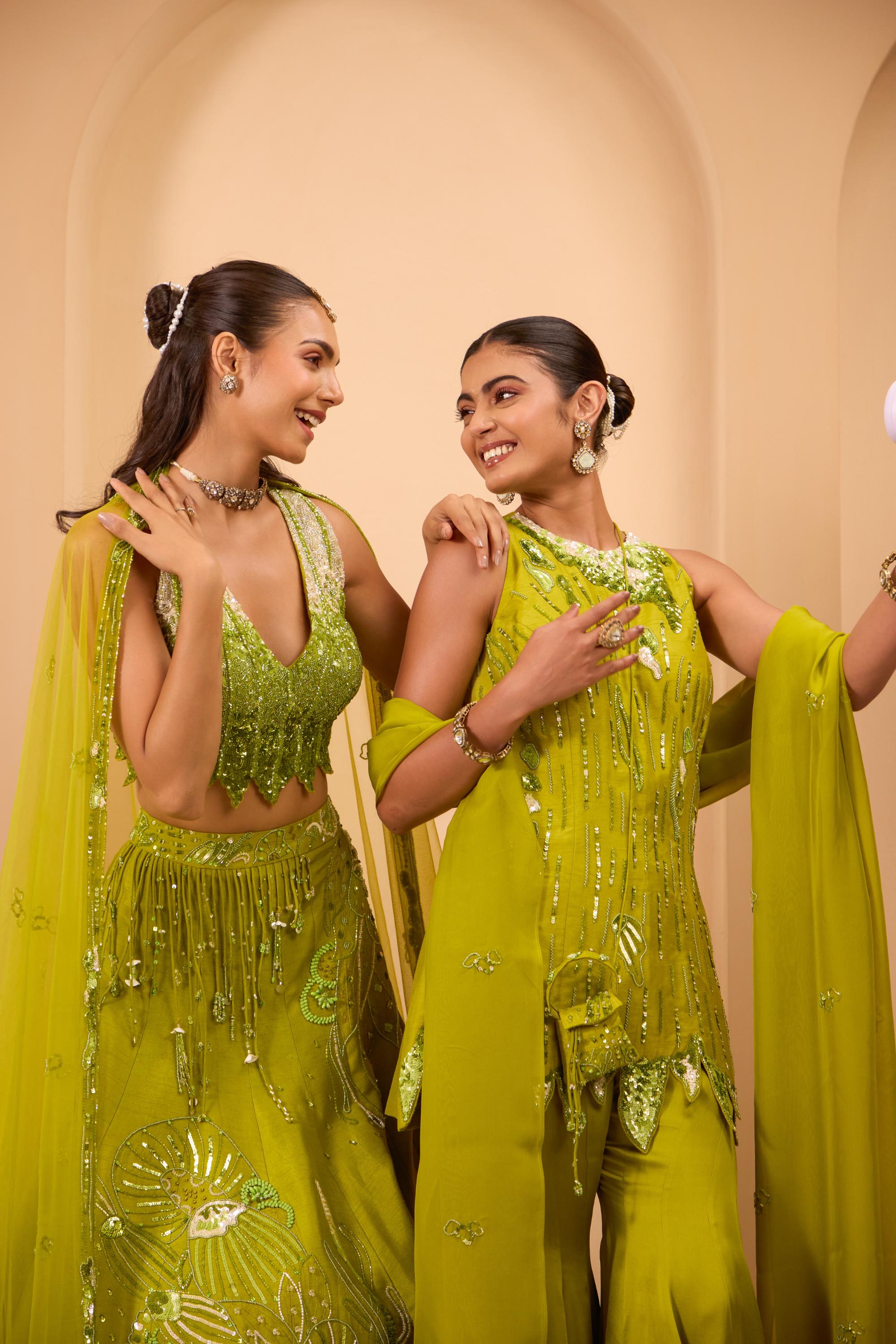 Hand Embroidered  V Neckline Blouse with Lehenga & Dupatta