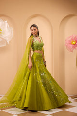 Hand Embroidered  V Neckline Blouse with Lehenga & Dupatta