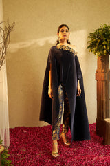 Divine Embroidered Cape with Brocade Pants - Blue