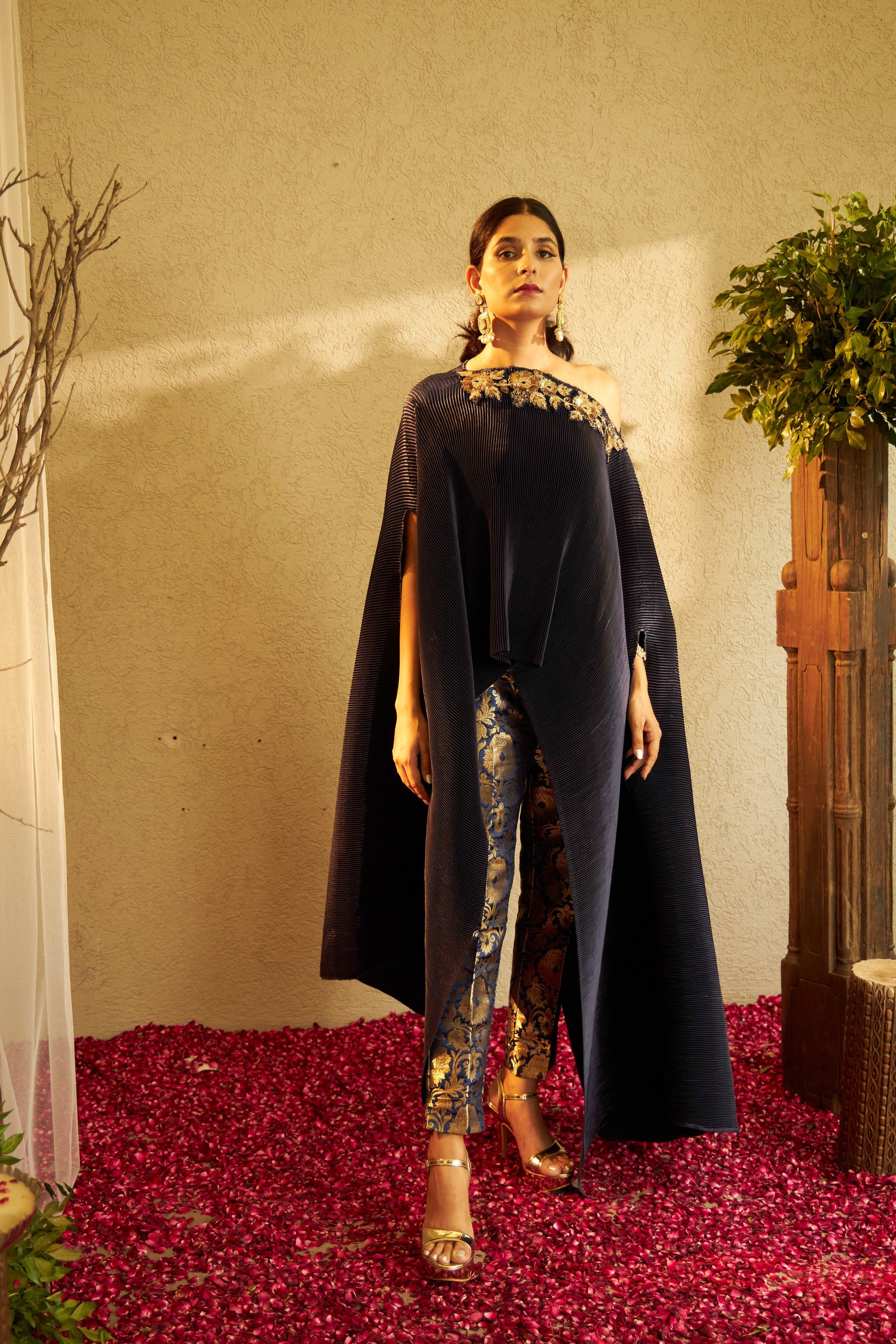 Divine Embroidered Cape with Brocade Pants - Blue