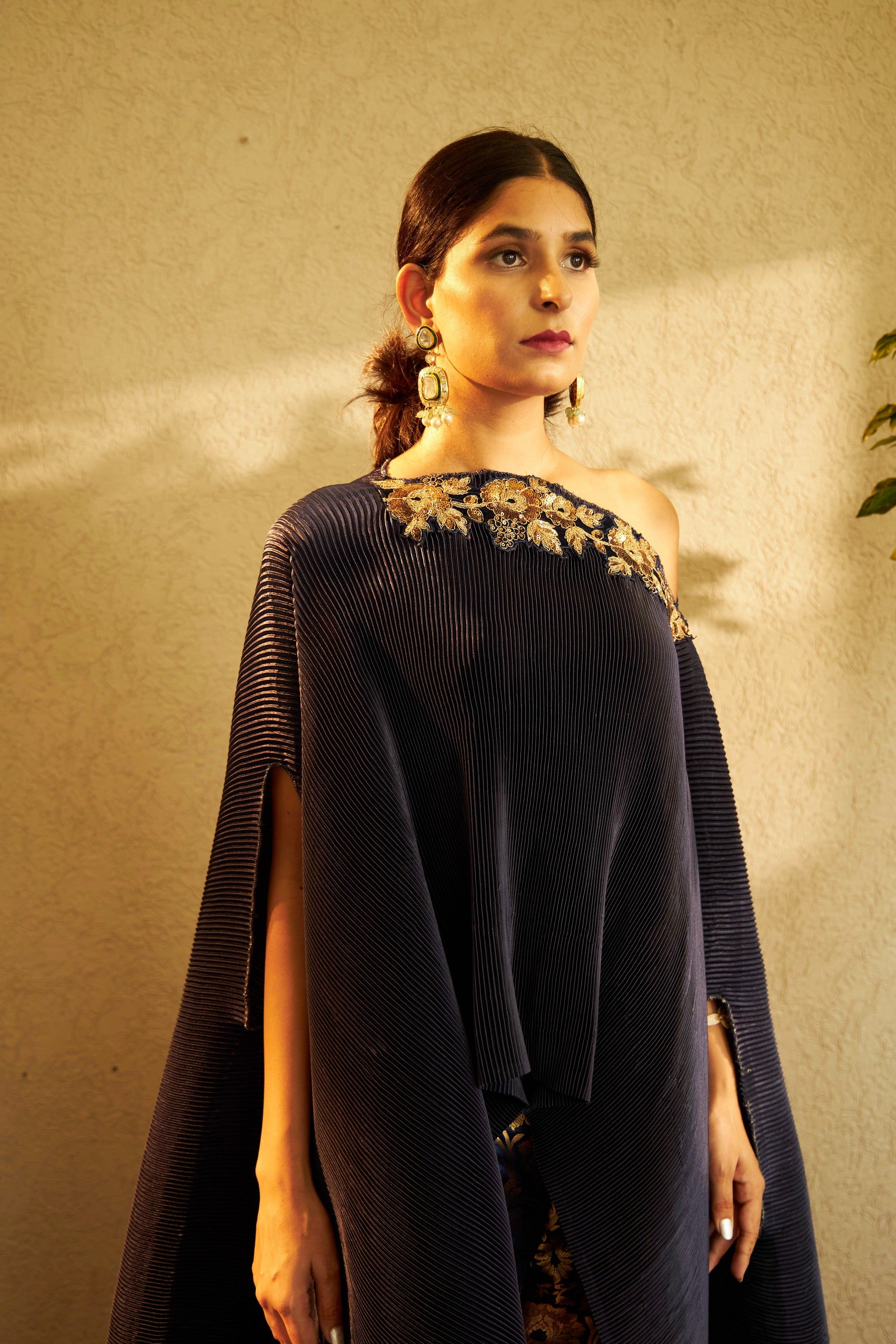 Divine Embroidered Cape with Brocade Pants - Blue