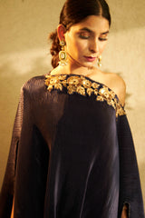 Divine Embroidered Cape with Brocade Pants - Blue