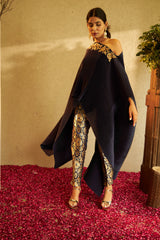 Divine Embroidered Cape with Brocade Pants - Blue