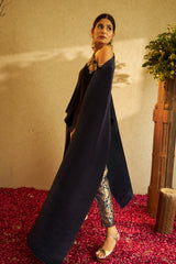Divine Embroidered Cape with Brocade Pants - Blue