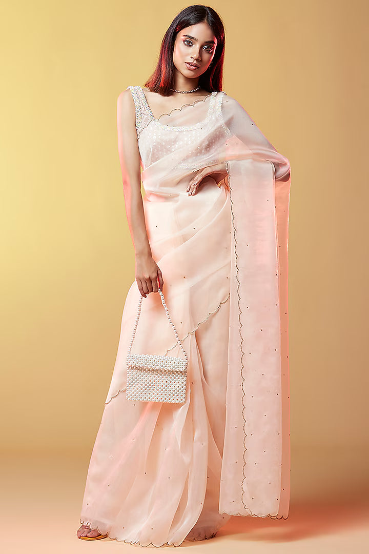 Blush Pink Silk Organza Hand Embroidered Saree