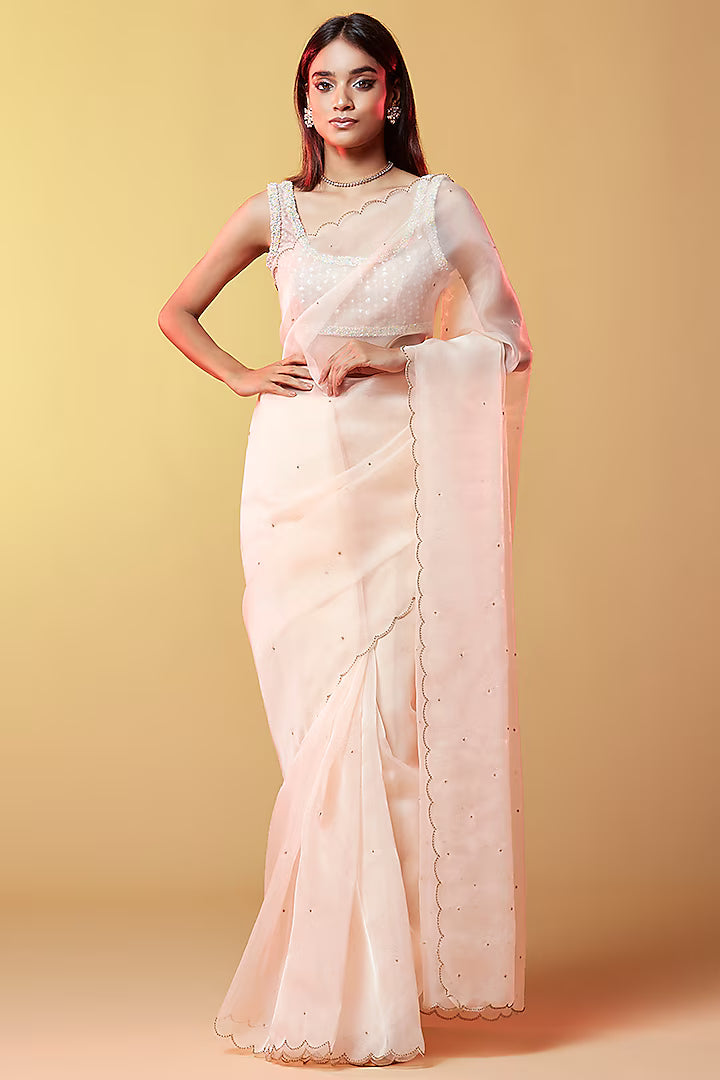 Blush Pink Silk Organza Hand Embroidered Saree
