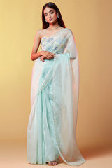 Blue Silk Organza Hand Embroidered Saree