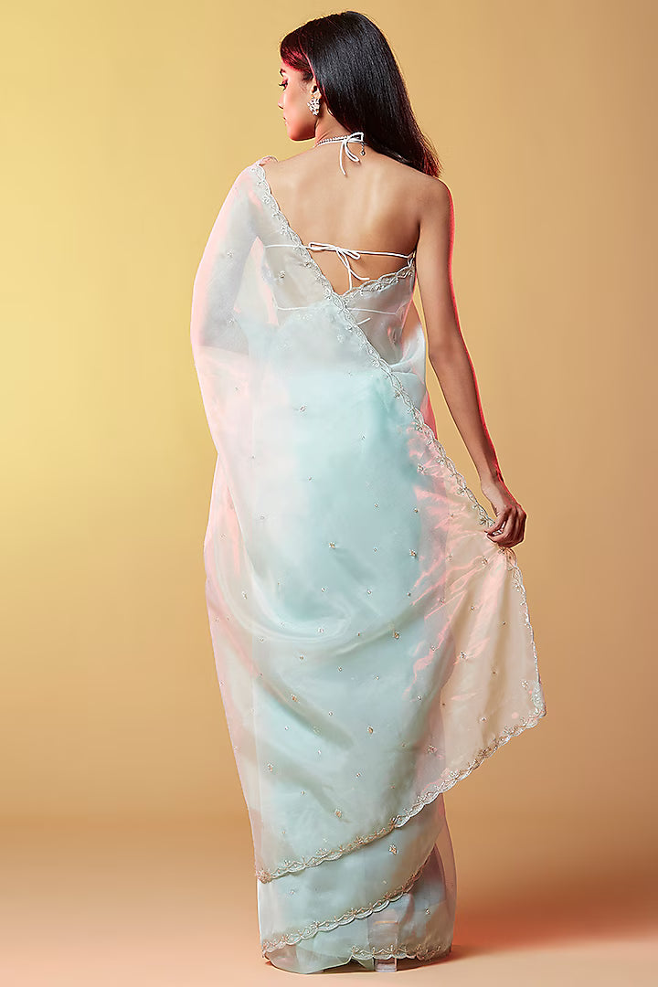 Blue Silk Organza Hand Embroidered Saree