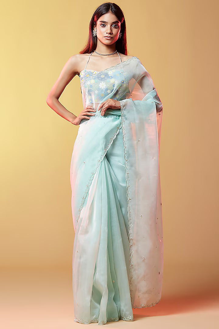 Blue Silk Organza Hand Embroidered Saree