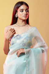 Blue Silk Organza Hand Embroidered Saree