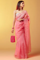 Pink Silk Organza Hand Embroidered Saree