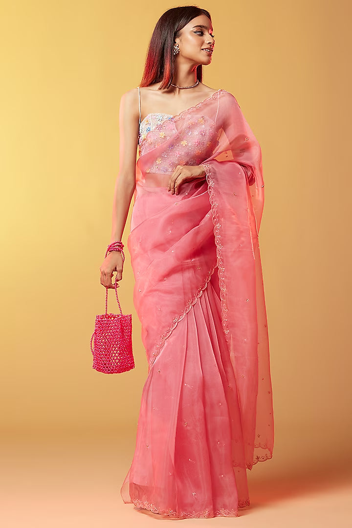 Pink Silk Organza Hand Embroidered Saree