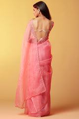 Pink Silk Organza Hand Embroidered Saree