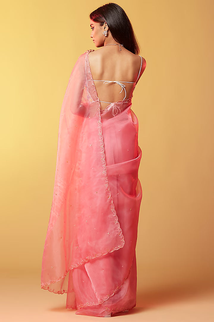 Pink Silk Organza Hand Embroidered Saree