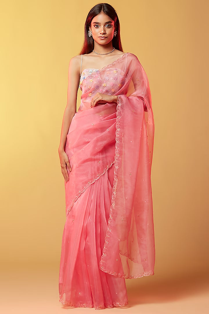 Pink Silk Organza Hand Embroidered Saree